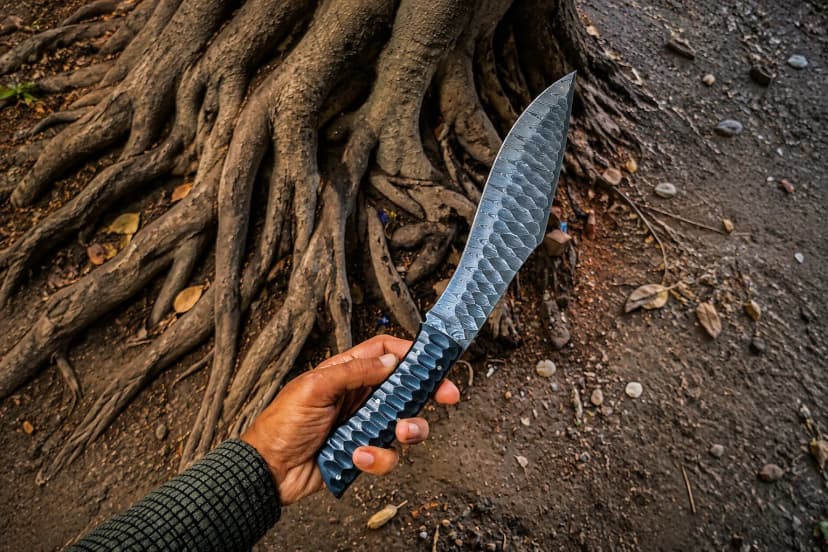 A hand holding a large recurved Damascus blade over tree roots, the forged pattern running the full length of the steel above a fluted dark handle