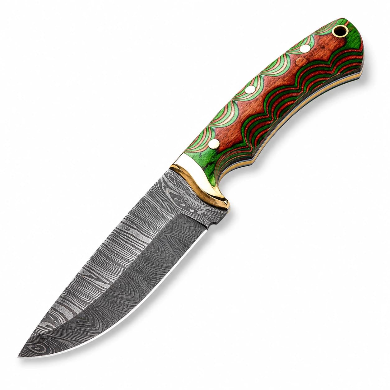 Damascus fixed-blade knife with a green and red laminate handle and brass bolster