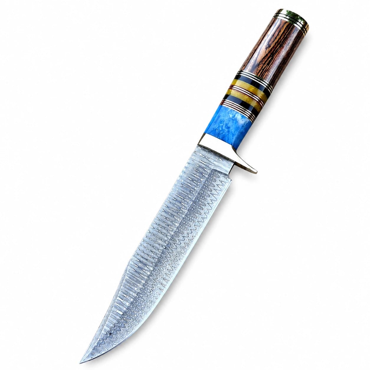 Damascus hunting knife with a figured wood and blue resin handle above brass spacers