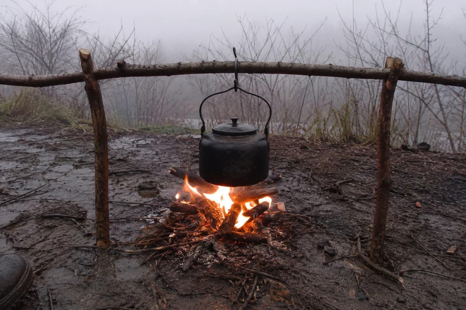 A kettle hanging from a wooden tripod over a low fire on wet ground, mist in the bare trees behind