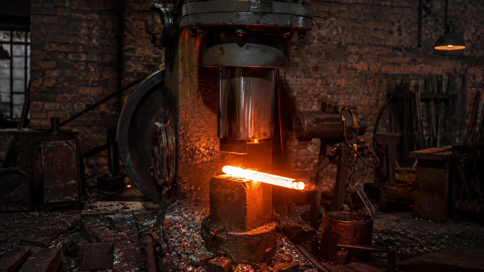 Power hammer pressing a white-hot steel bar in a brick-walled forge