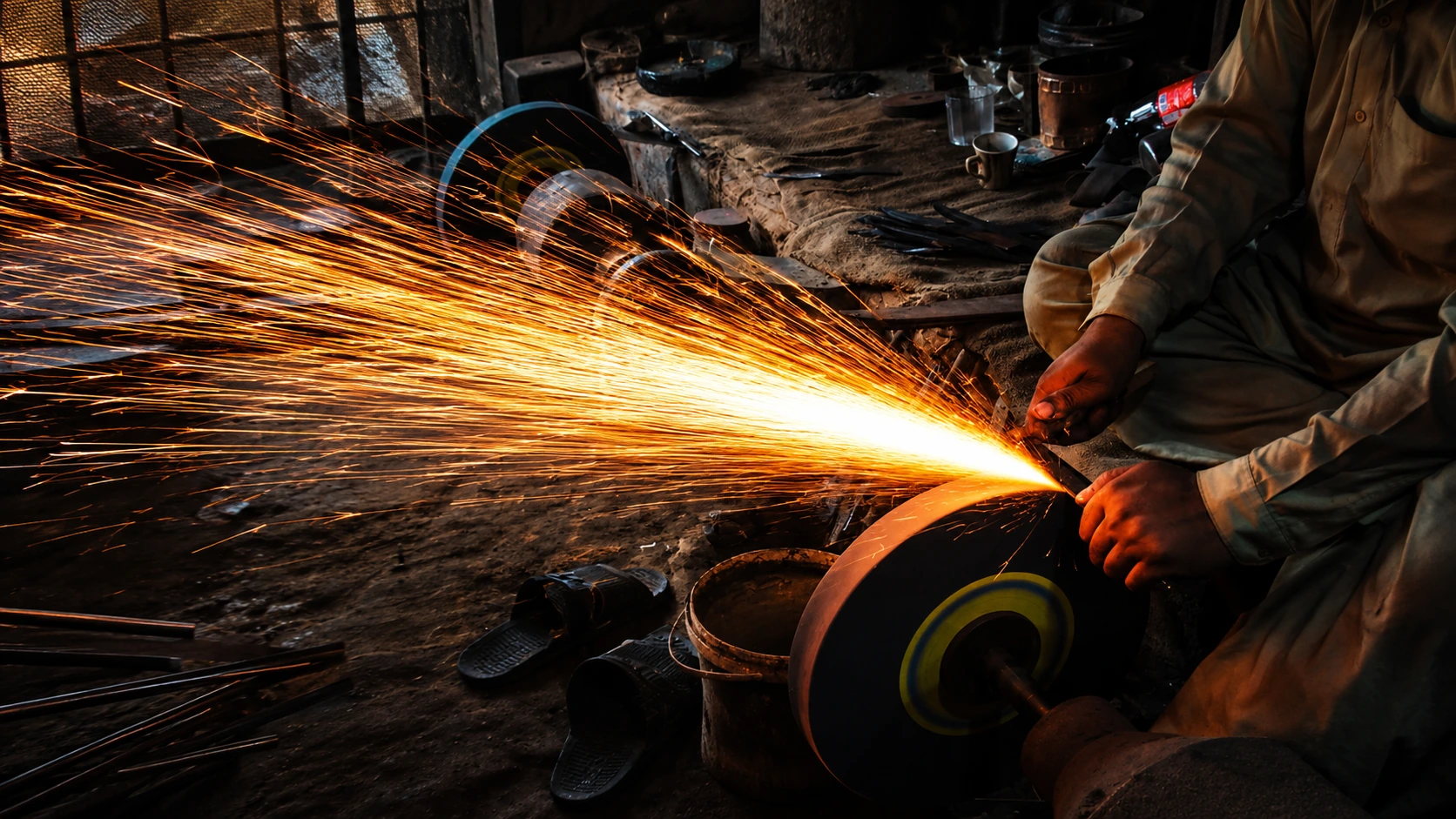 Craftsman holding a blade against a grinding wheel, sparks arcing across the workshop floor